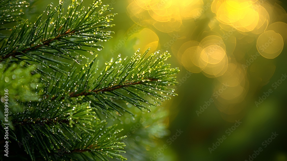 Dew-covered pine branch with bokeh background. Dew-covered pine branch with bokeh background.