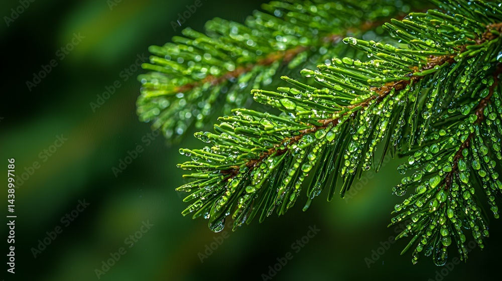 Fototapeta premium Dew drops on lush green pine needles.