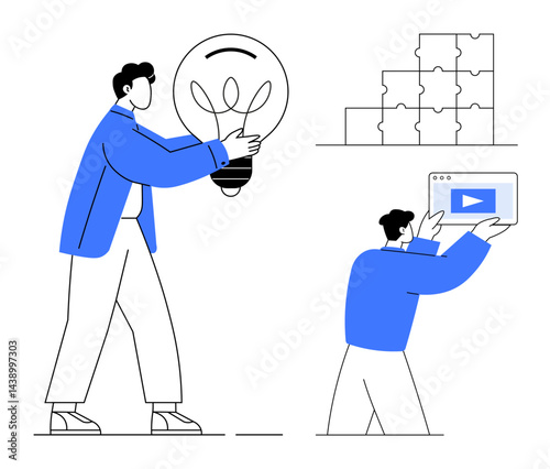 Person carrying a lightbulb for innovation, another placing puzzle pieces, and a third displaying a video. Ideal for teamwork, creativity, innovation, problem-solving, collaboration, learning simple