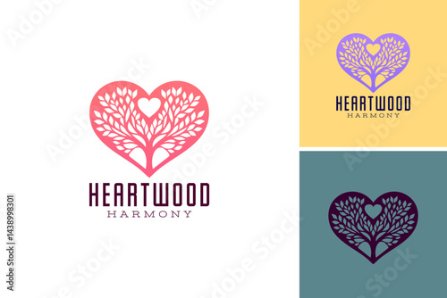 White tree in a pink heart with heartwood harmony logo. Suitable for naturethemed designs, Valentines Day greetings, and romantic illustrations. Layered EPS Vector