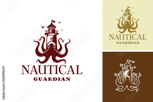 Lighthouse surrounded logo by an octopus with the words nautical guardian. Suitable for marinethemed designs, posters, and nautical illustrations. Layered EPS Vector