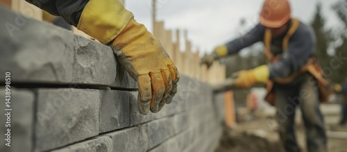 Construction Workers Building a Stone Wall: Teamwork and Precision in Action