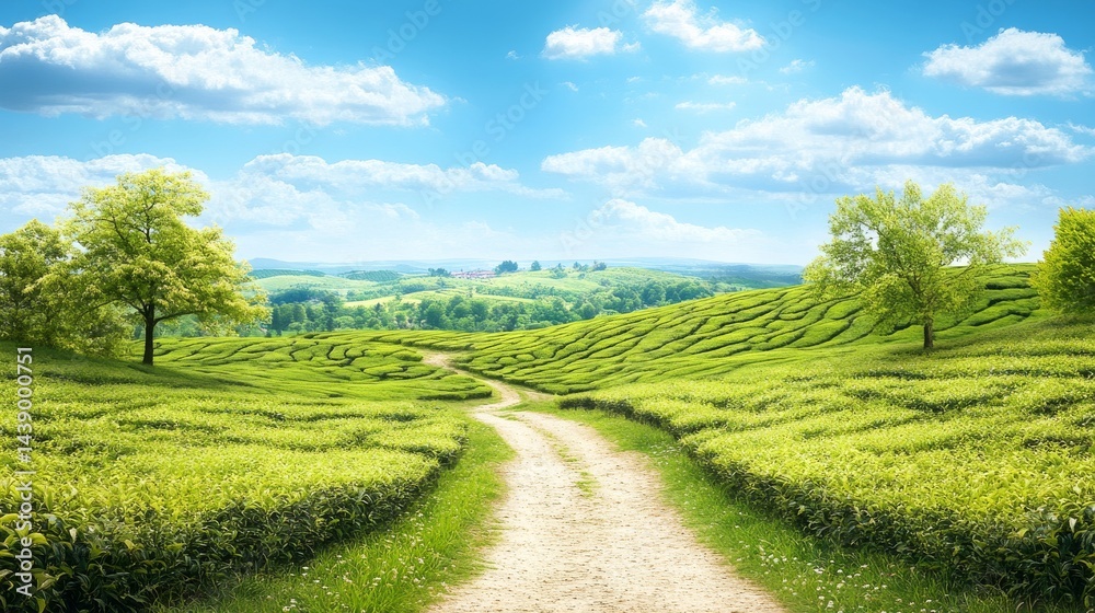 Fototapeta premium Stunning Tea Plantation Landscape Under a Vibrant Sky