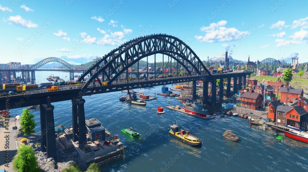 Fototapeta premium Panoramic view of a bustling waterway city scene with a magnificent bridge.