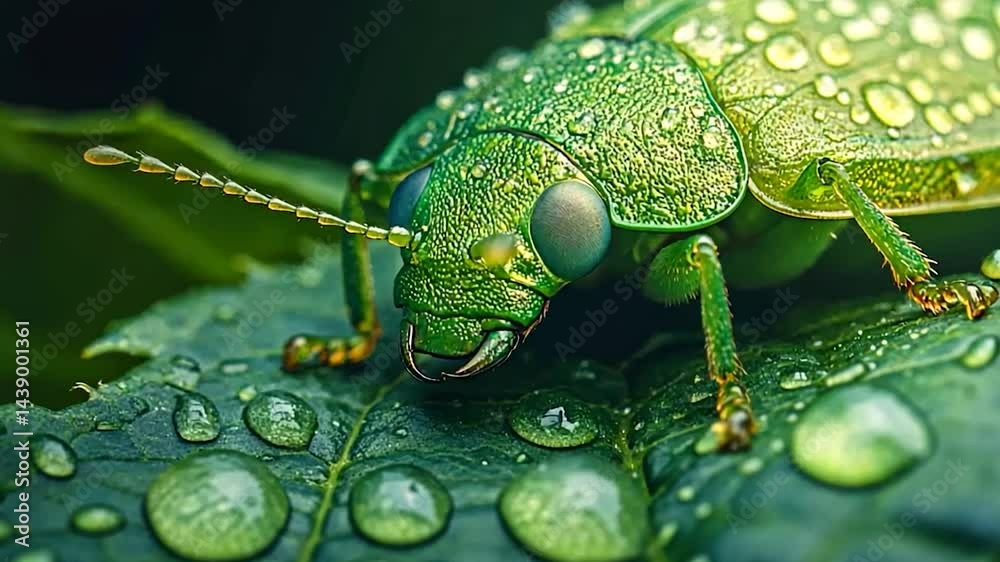 Green bug on leaf. Water droplets shimmer on plant and bug