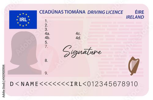 Ireland driver's license with female silhouette isolated on white background. Person driver license.