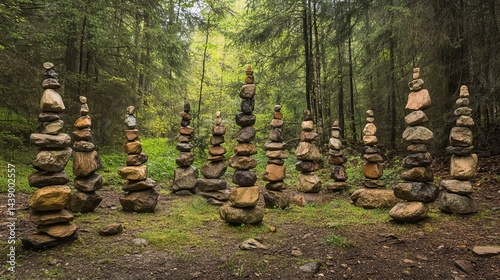 Stone cairns standing in a forest clearing with tall trees in the background on a cloudy day outdoors