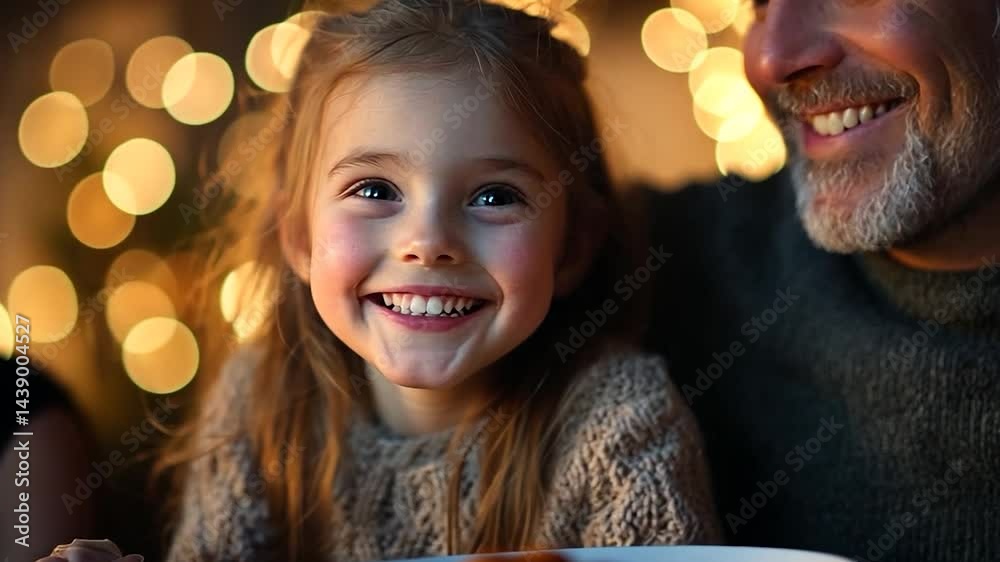 Video of a family in cozy lighting. A smiling child is central, illuminated with warm light and bokeh. Others are visible in soft focus. Includes candle Video of a family in cozy lighting. A smiling child is central, illuminated with warm light and bokeh. Others are visible in soft focus. Includes candle