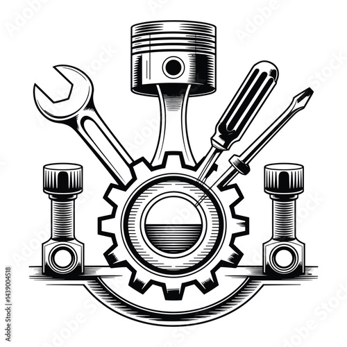Mechanical Gear with Tools and Piston Logo Vector