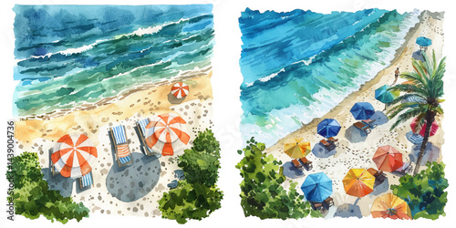 top view beach watercolor vector illustration