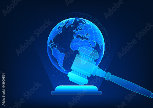 LegalTech, a legal hammer with a hologram and a globe behind it, represents the change in law that uses technology to enhance the justice process and the transparency of the legal system.