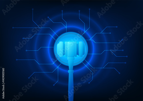 LegalTech, a legal hammer with a technology circuit line, represents the change in law that brings technology to enhance the justice process and the transparency of the legal system.