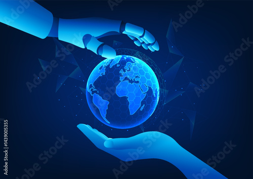AI robot hand and human hands embrace the world together, representing AI Co Worker technology towards a sustainable, balanced and creative future, symbolizing human intelligence and AI in the new era
