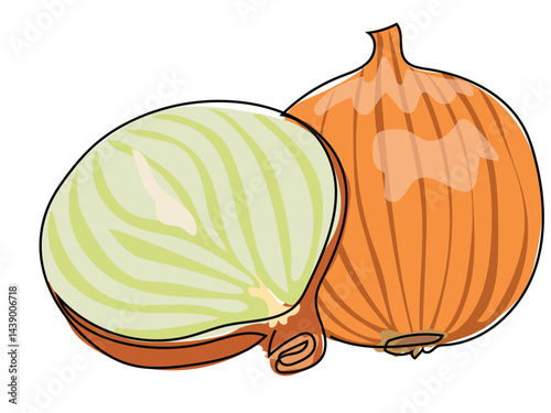 The onion is in a continuous line drawing on a white background.