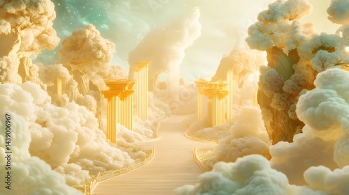 黄金の柱が並ぶ白い雲の道 天国のような幻想的な風景 明るい光が降り注ぐ神秘的な雰囲気