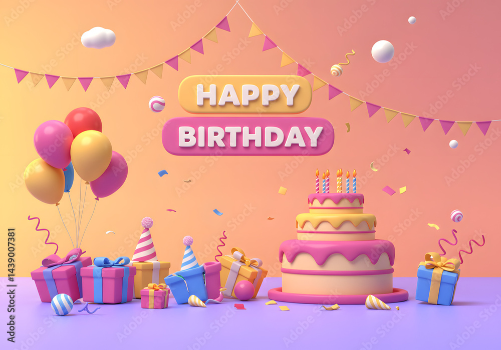 Happy Birthday Cake and Balloons 3D Render Happy Birthday Cake and Balloons 3D Render