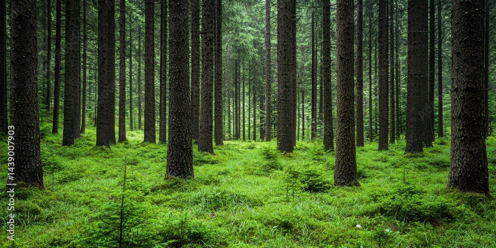 Fototapeta premium Lush Green Forest Floor with Tall Pine Trees Nature Scene Tranquil Woodland Background