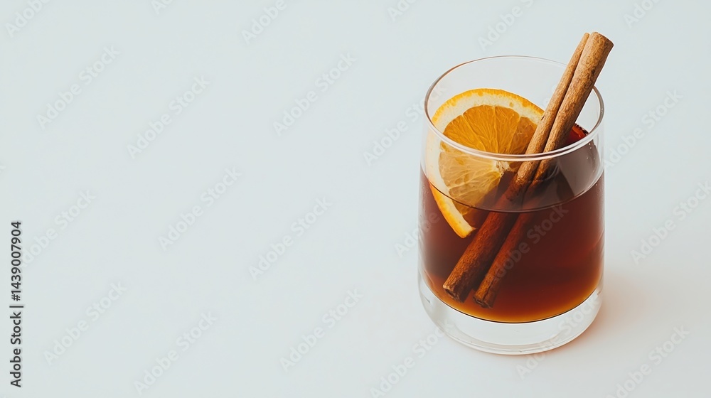 A glass of spiced drink with a slice of orange and cinnamon sticks, set against a minimalist background. A glass of spiced drink with a slice of orange and cinnamon sticks, set against a minimalist background.