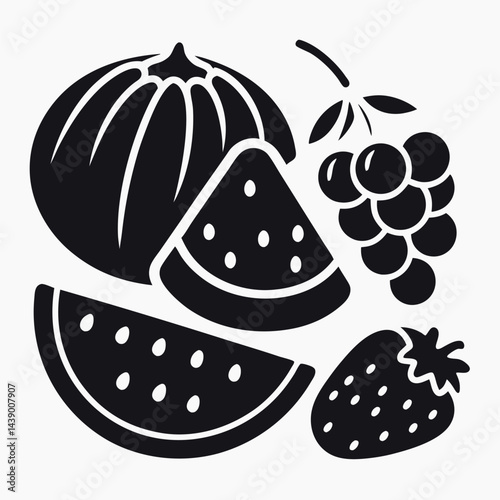 Flat Design of Watermelon Slices, Grapes, Strawberry on Transparent Background