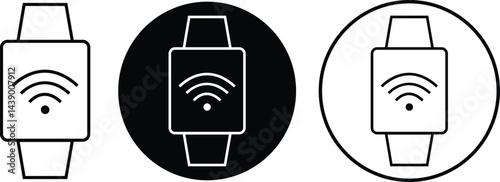 Smart watch icons set in line styles. Clock vectors. Wearable electronic device. Hand watch symbols. Wristband technology Illustration for Fitness and connectivity isolated on transparent background.