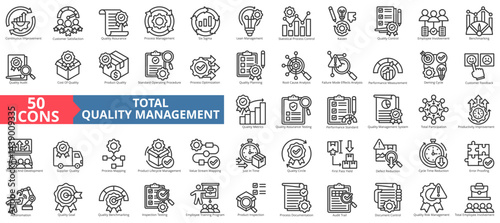 Total quality management icon collection set. Containing continuous improvement, customer satisfaction, assurance, process, six sigma, lean management, kaizen icon. Simple outline vector illustration.