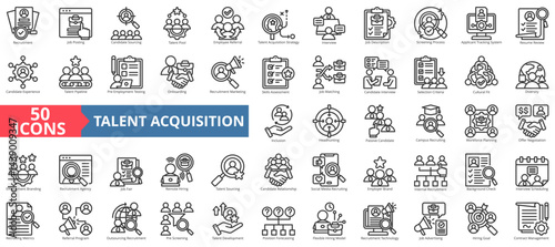 Talent acquisition icon collection set. Containing recruitment, job posting, candidate, sourcing, pool, employee, referral, resume, review, screening process icon. Simple outline vector illustration.