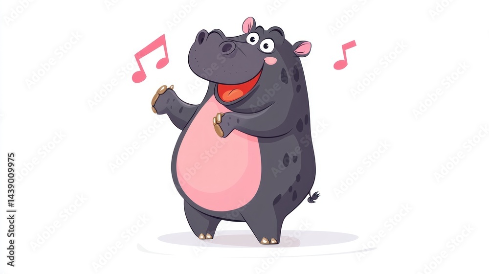 Naklejka premium Cute hippopotamus singing and dancing