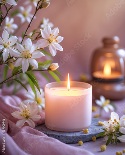 Candlelit display at spa with jasmine flowers promoting wellness relaxation and beauty product showcase for aromatherapy experience stock photo wallpaper background