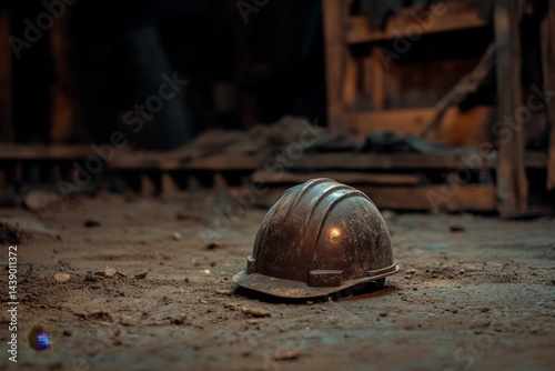 A protective helmet rests on dusty debris in a dark interior space. photo