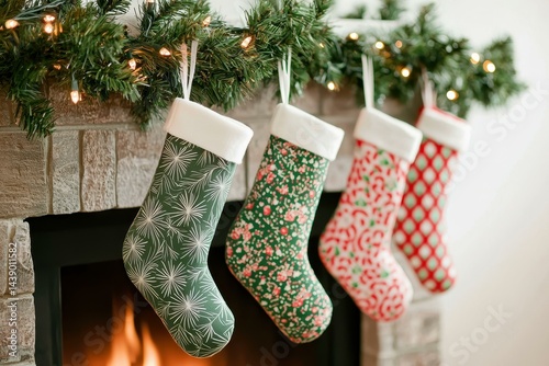 Four Festive Christmas Stockings Hanging by a Fireplace with Garland Lights