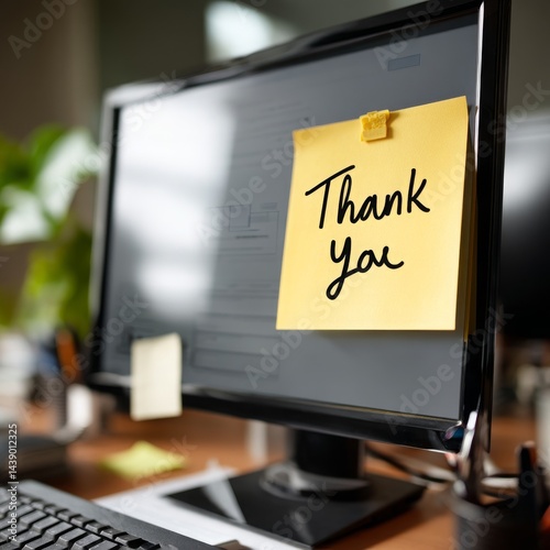 A close-up view of a computer monitor displaying a sticky note with a handwritten 