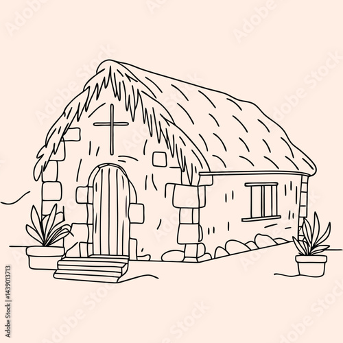 Vintage Cottage vector illustration image. Hand-drawn and Color Illustrations of Rustic Stone and Thatch Roof Houses.