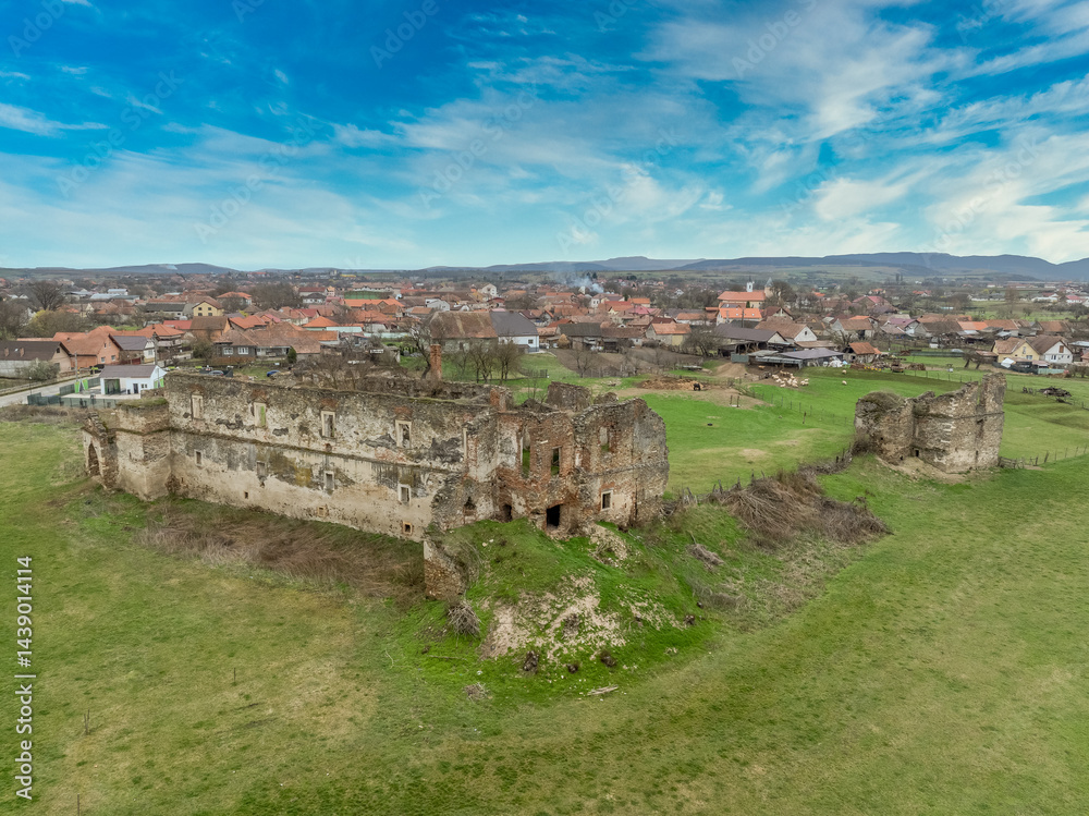 Aerial view of Alvinc Martinuzzi Castle ruin in Vintu de Jos, Transylvania Romania