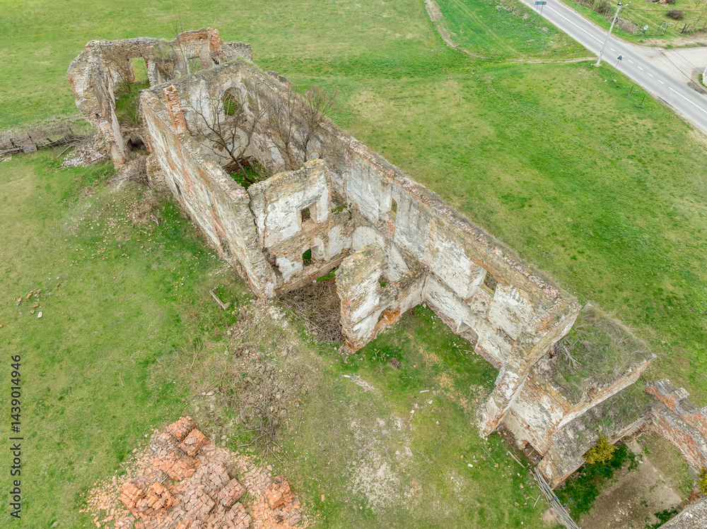 Aerial view of Alvinc Martinuzzi Castle ruin in Vintu de Jos, Transylvania Romania