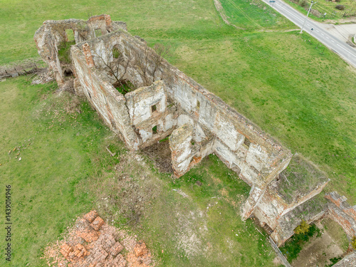 Aerial view of Alvinc Martinuzzi Castle ruin in Vintu de Jos, Transylvania Romania