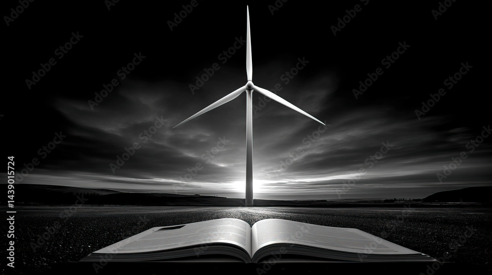 Obraz premium Windmill rises from open book, symbolizing sustainability and knowledge in action, inspiring brighter future