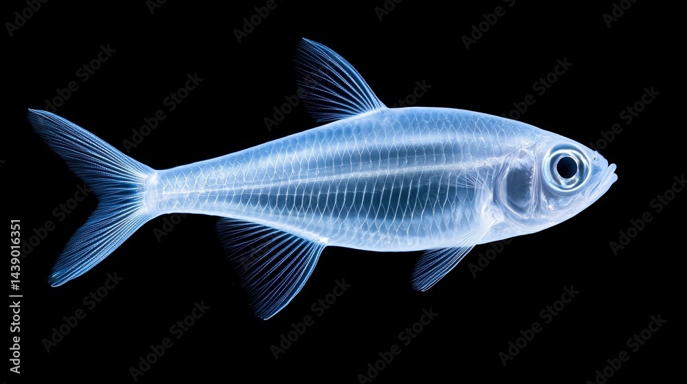 A transparent fish is displayed against a black background, showcasing its delicate features and internal structure. A transparent fish is displayed against a black background, showcasing its delicate features and internal structure.