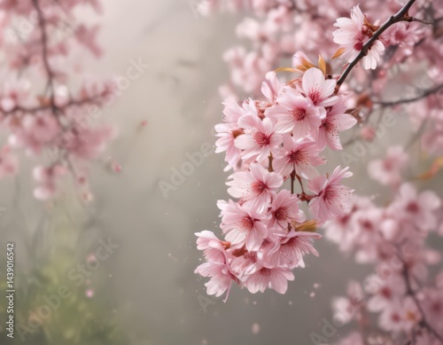 Delicate pink sakura petals softly descend against a blurred spring backdrop ,  romantic,  bokeh