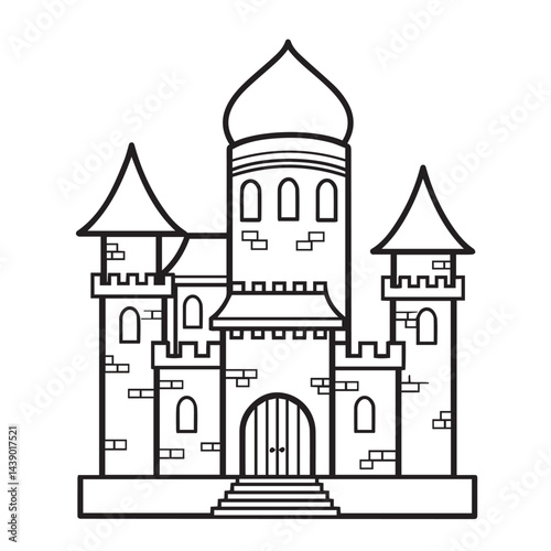 Imaginative castle scene detailed with high towers medieval gates flags artistic creation great for fantasy stories kids coloring and book covers

