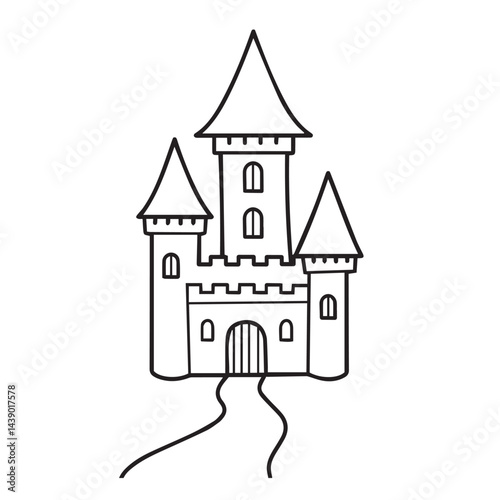 Classic fairy tale castle design with tall tower peaks waving flags artistic illustration for children’s books fantasy art and creative crafts

