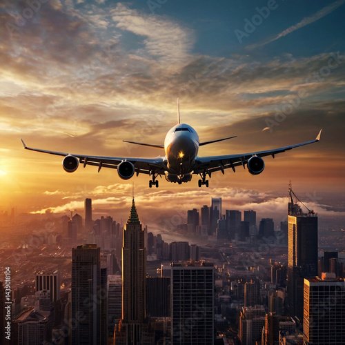 Majestic Airplane Landing Over a City Skyline at Sunset