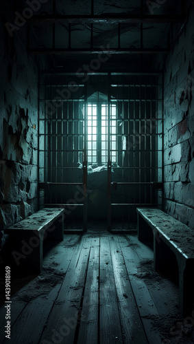 Depressing Prison Cell Interior with Grimy Walls and Bars