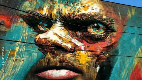 Vibrant urban art transforms building facade with dynamic colors and expressive faces