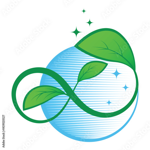 Creative eco infinity symbol featuring green leaves and a blue globe background, representing sustainability, environmental awareness, renewable energy, and a greener future.