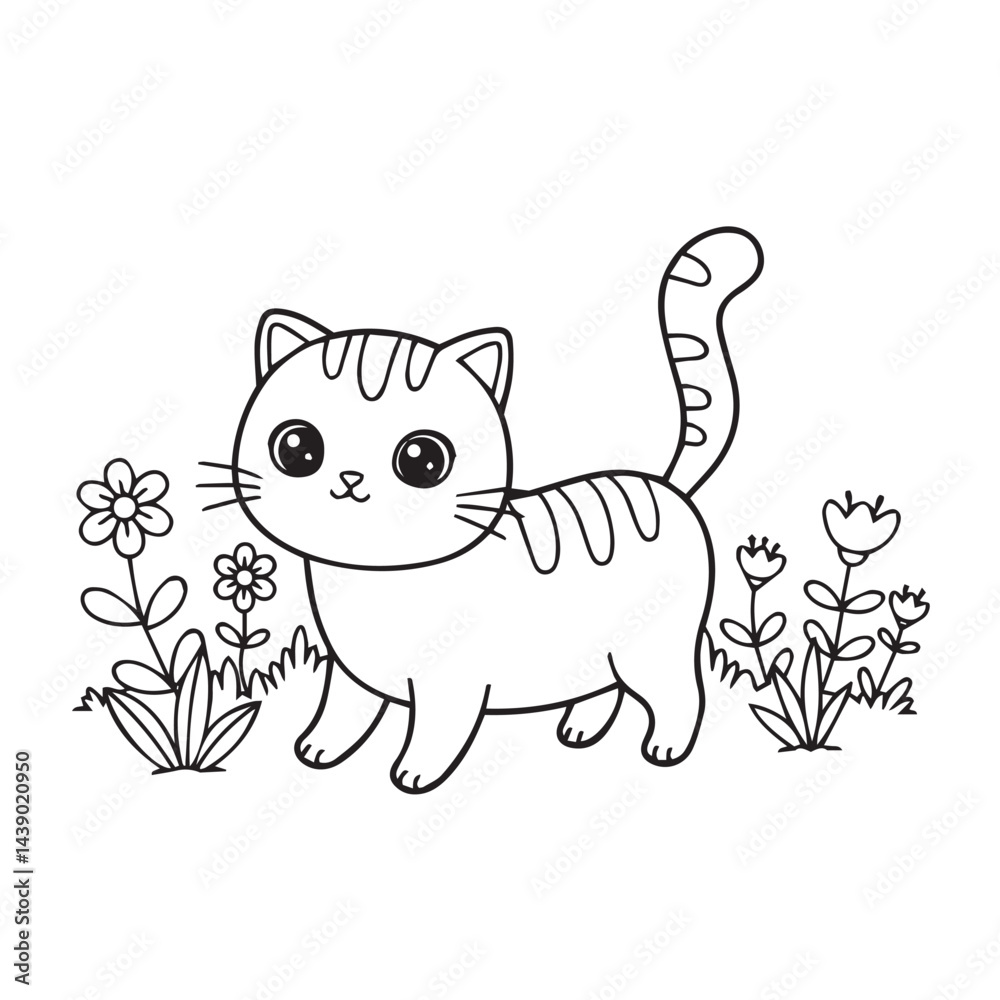 Fototapeta premium Sweet kitten playing in flower field under clouds wonderful choice preschool coloring activities and crafts