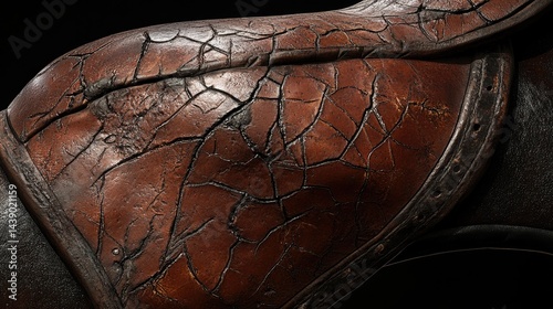 Aged leather saddle section reveals intricate crack pattern. photo