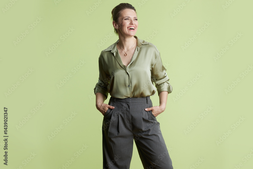 Confident Professional: Woman in Green Silk Blouse