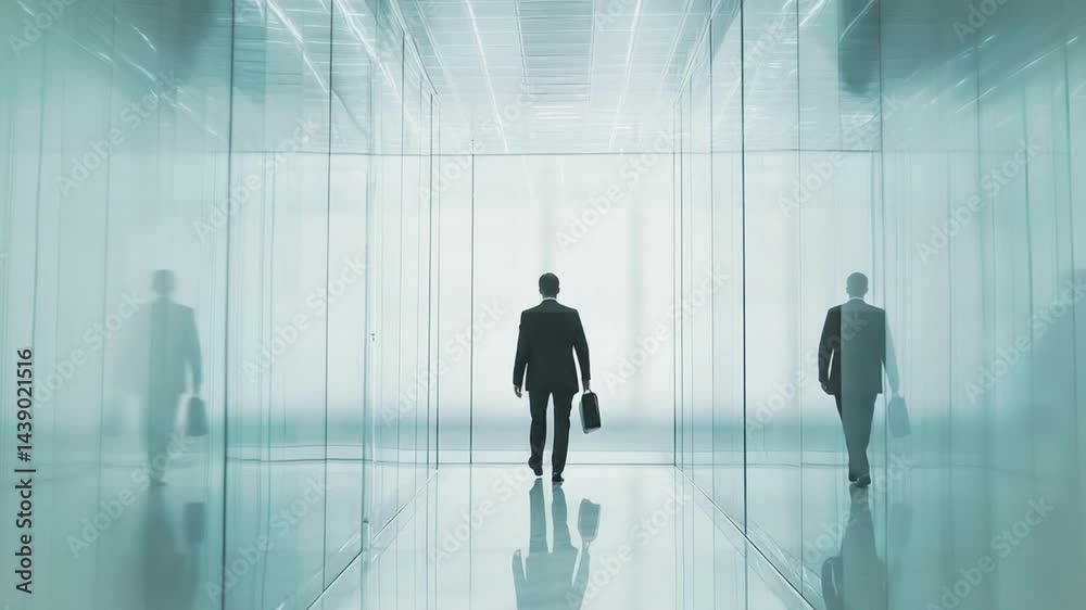 A Businessman Walks Confidently Down a Modern, Gleaming Hallway towards a Brighter Future A Businessman Walks Confidently Down a Modern, Gleaming Hallway towards a Brighter Future