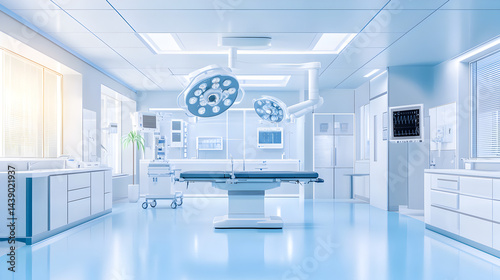 Advanced operating room with robotic surgery arms, sterile white lighting, futuristic equipment, 3D isometric vector, white background, side view