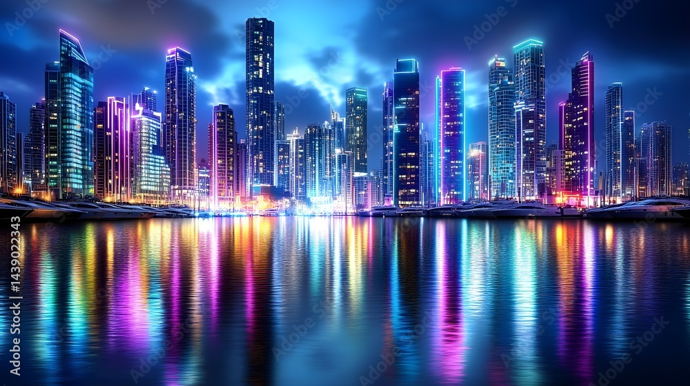 Fototapeta premium Neon Cityscape Reflection at Night - Neon lighting